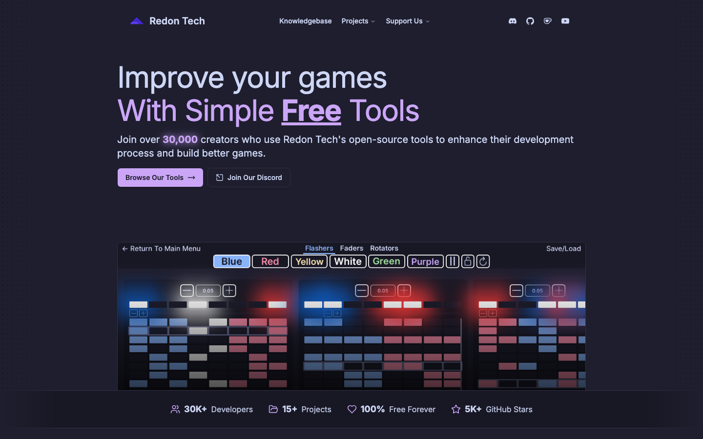 Redon Tech website homepage and an Emergency Vehicle Creator editor preview