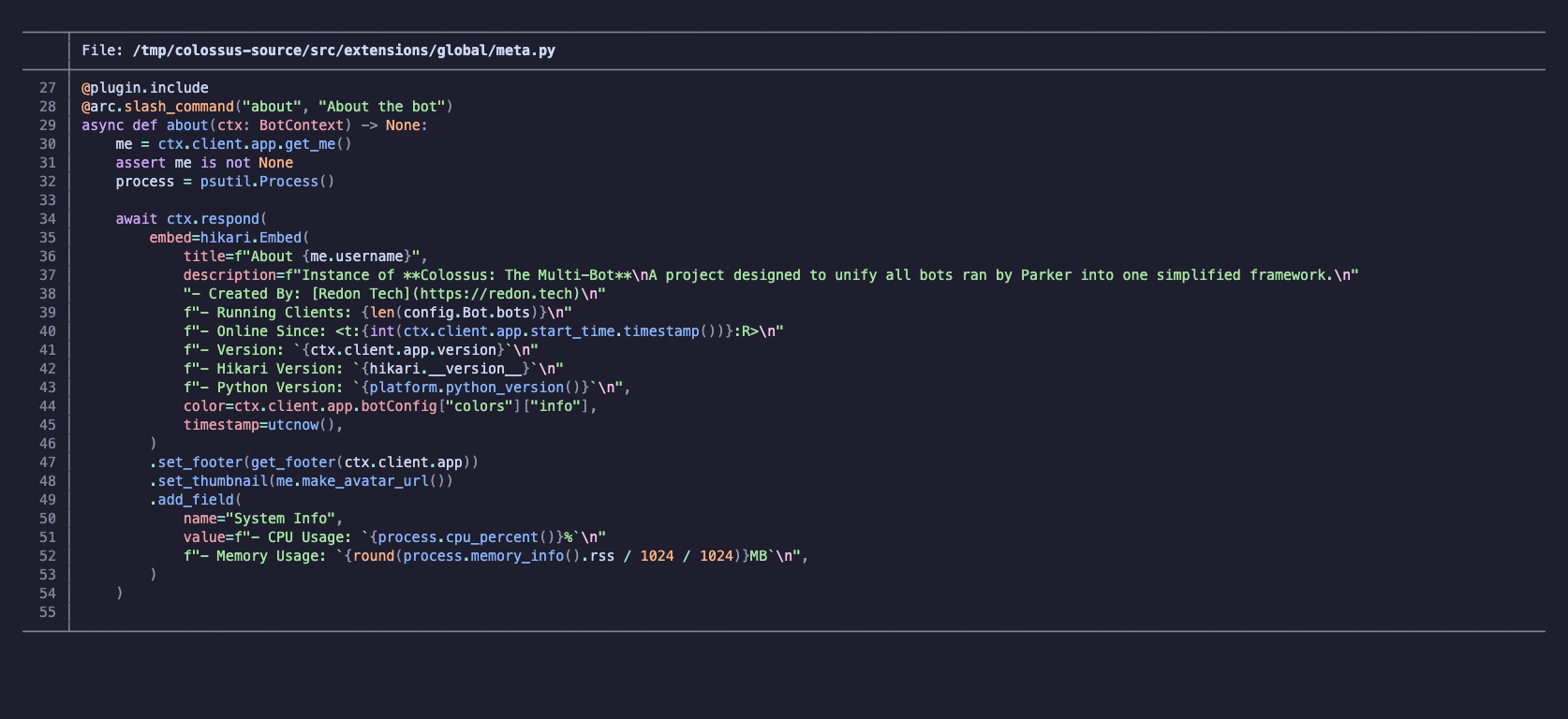 Colossus Discord bot source code showing its about command