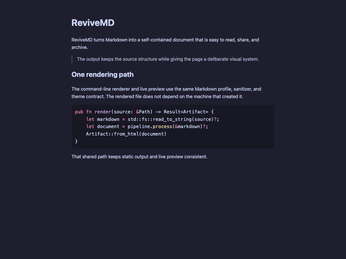 A ReviveMD document with rendered prose and Rust code