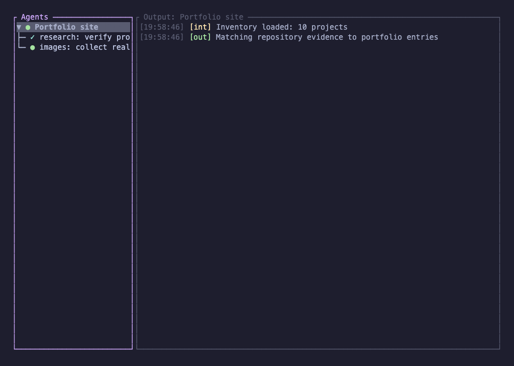 pidash terminal dashboard with an agent tree and session output
